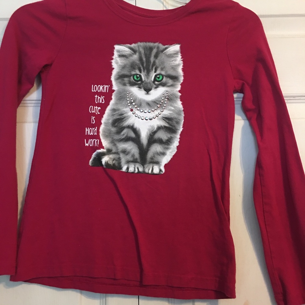 Pink shirt with gray tabby cat on it